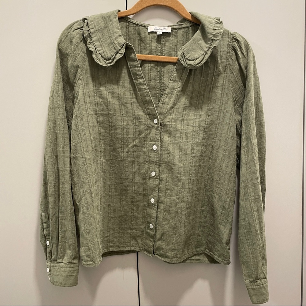 EUC Madewell Ruffle Peter Pan Collar Green Plaid Button Up Blouse